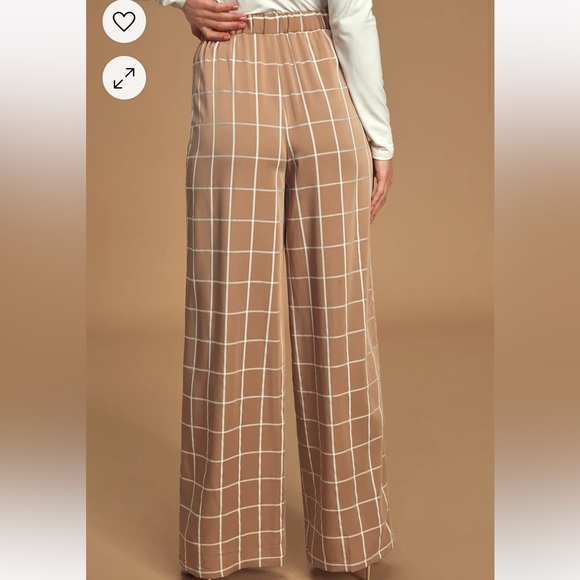 Beige Grid Print High-Waisted Trouser Pants - Picture 3 of 11